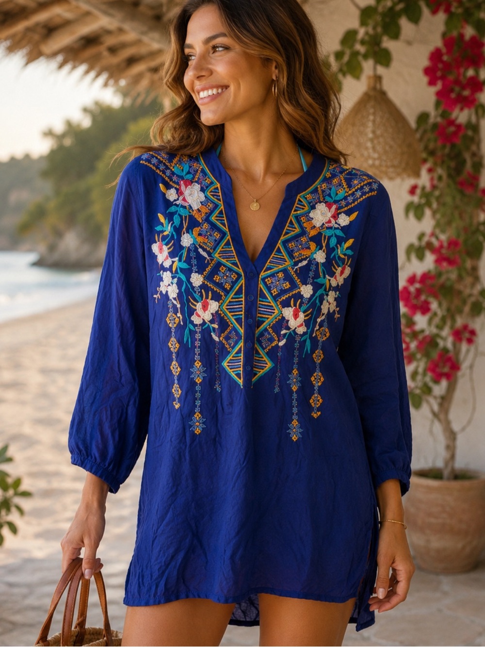 Luna Moon Anthropology Royal Blue Embroidered Swim Coverup